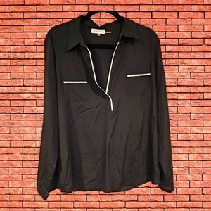 CALVIN Klein long sleeve black white V neck career casual top shirt sz L XL